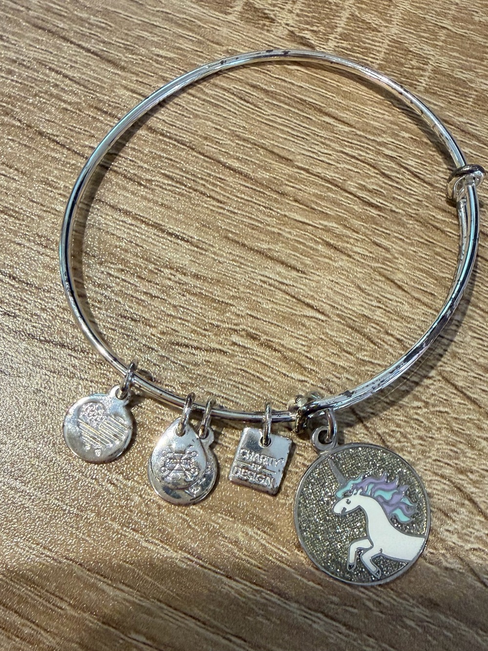 Silver Tone Unicorn Charm Bangle Bracelet